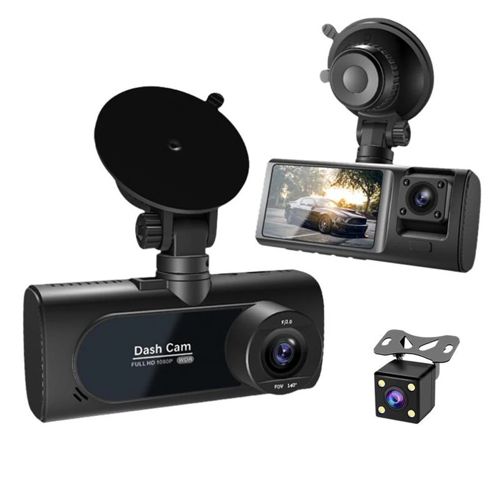 

3-канальный Wi-Fi видеорегистратор для автомобиля HD 1080P с ИК ночным видением, трехсторонняя камера, 2.0-дюймовый IPS-экран, передняя/салонная/задняя камеры с G-сенсором