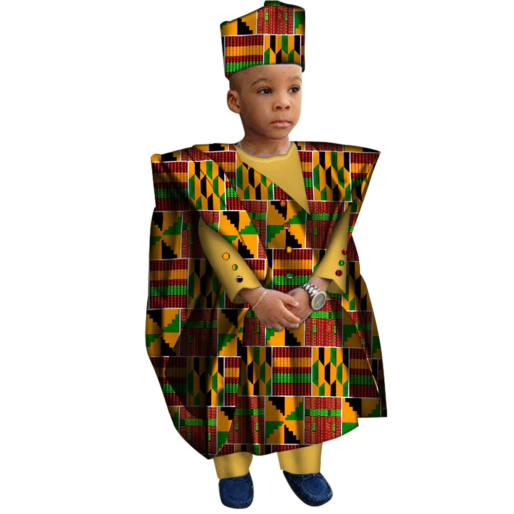 African Clothes with Hat Boy Tops and Pants African Print Clothes for Boys Bazin Riche Dashiki Gown Set WYT200