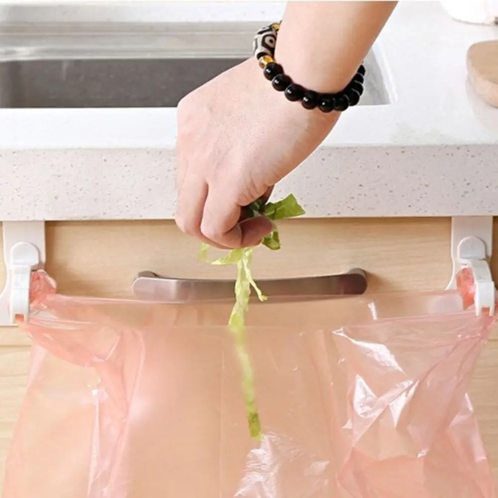 2 Pcs Plastic Cabinet Garbage Bags Hook Beige Space Saving Cupboard Back Trash Bag Hook Foldable Hanging Trash Hanger Racks