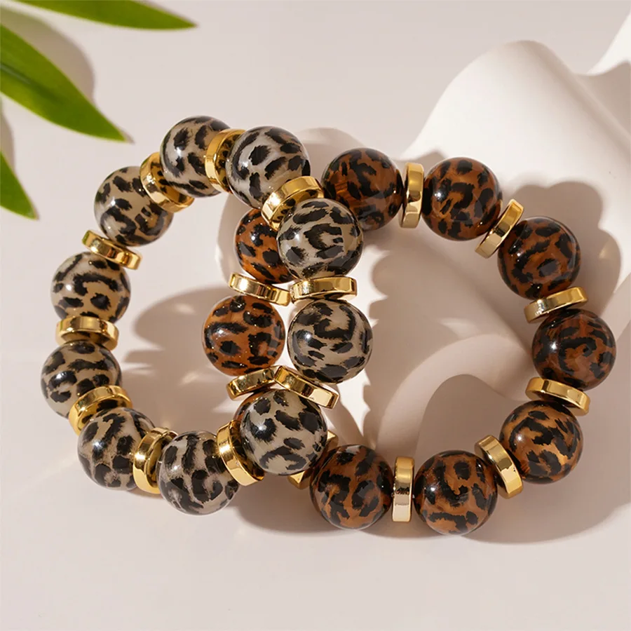 

Retro Leopard Print Acrylic Ball Beads Elastic Bracelet for Women Girls New Minimalist Geometric Punk Fashion Jewelry