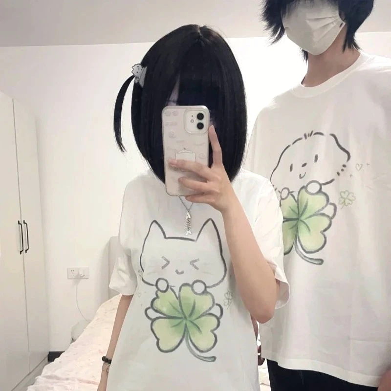 Women's Cutecore Clothing Lucky Four-Leaf Clover Print Short Sleeve Y2k Summer Tops Casual Fashion Japanese Couple Cheap Clothes