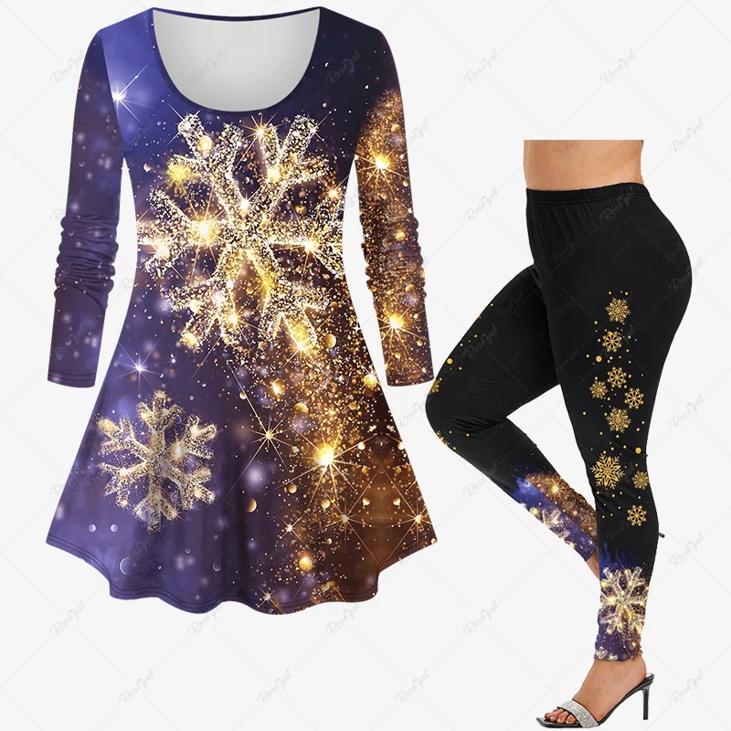 

New Christmas Galaxy Colorblock Snowflake Sparkling Sequin Glitter 3D Print Long Sleeve T-shirt Or Leggings Casual Matching Set