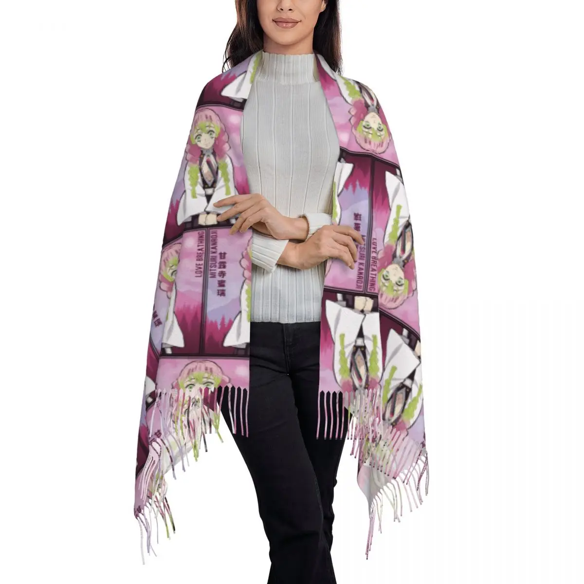 Mitsuri Kanroji And Iguro Obanai (18) Scarf Tassel Scarves Women Soft Warm Shawls and Wraps Large Fall Winter Shawl Wrap