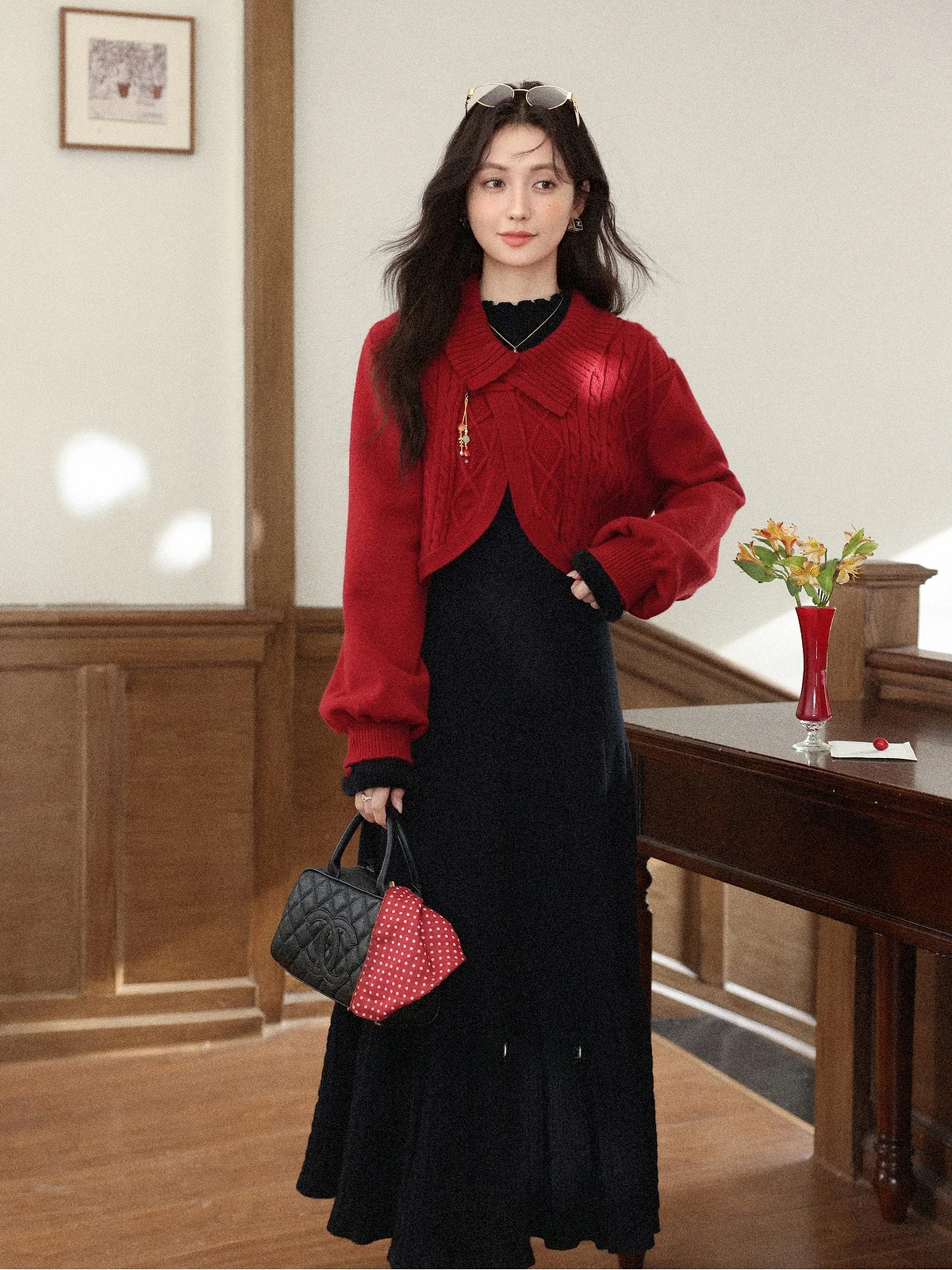 

Ele Winter Women's Long Sve Knitted Dr Set Bla High Collar Faionable Outfit by Lu Xiang Nan Age 25-35