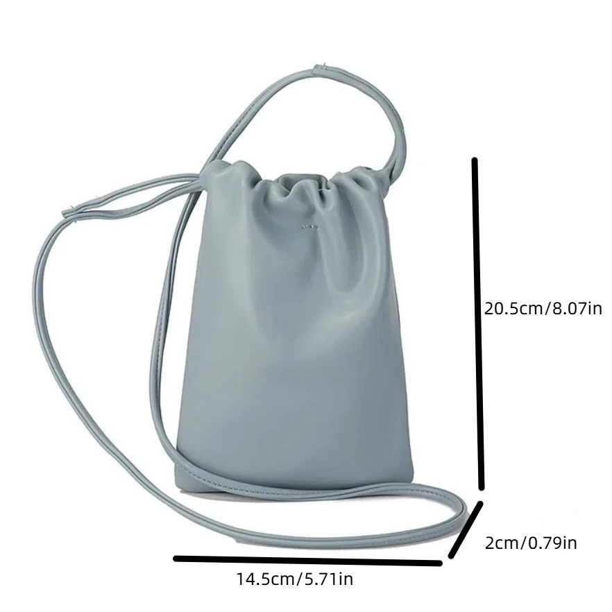 All-Match Polyester Drawstring Phone Bag Pleated Portable PU Crossbody Bag Purse Soft Soild Color Handbag School