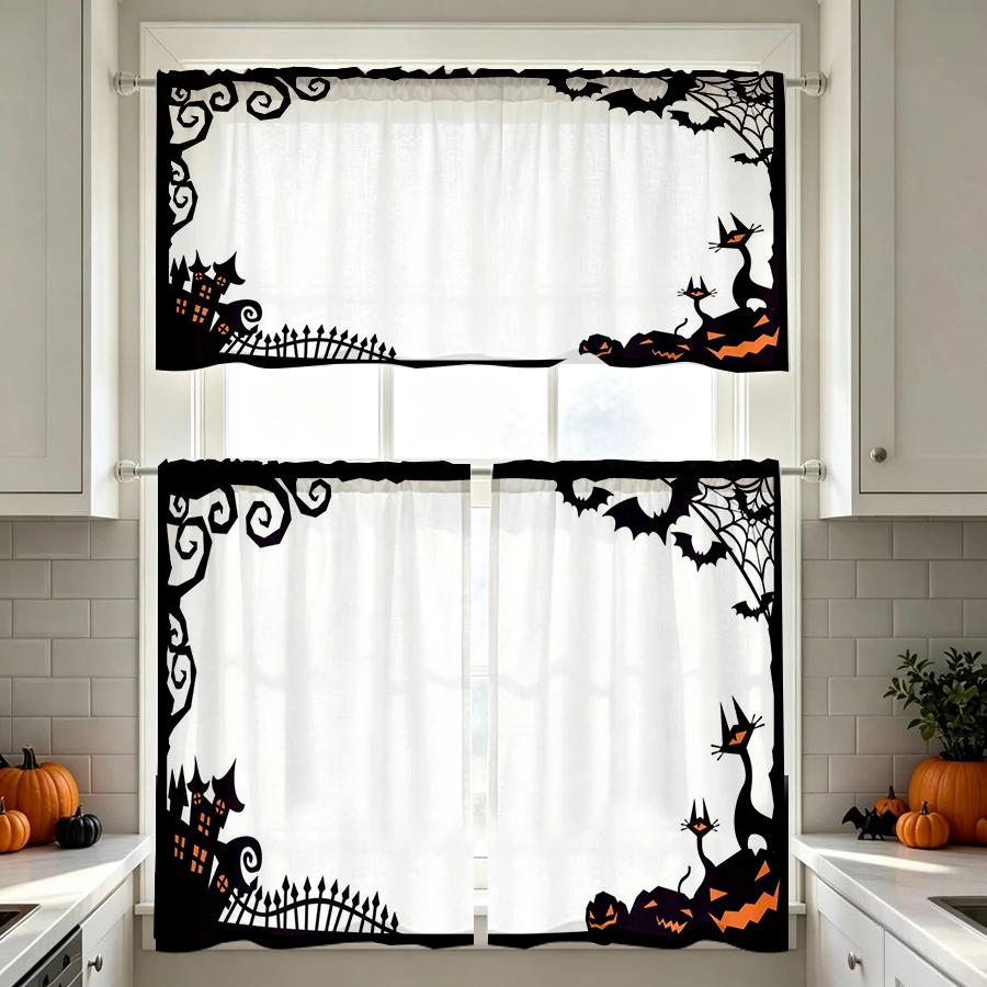 Halloween Fall Kitchen Curtains, Haunted House Border, Digital Print, Kitchen Dining Room, Rod Pocket Polyester, Home Decor