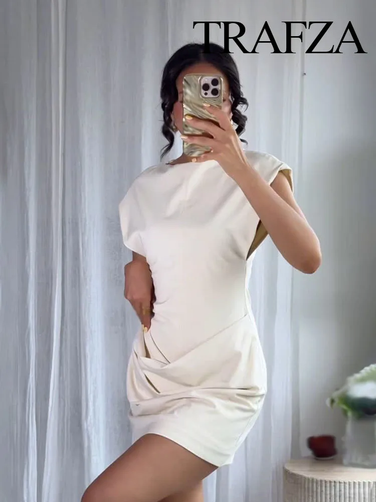 

TRAFZA Female Summer Sexy Slim Mini Dress Solid O-Neck Folds Decoration Zipper Woman's New Fashion Chic Sleeveless Dresses