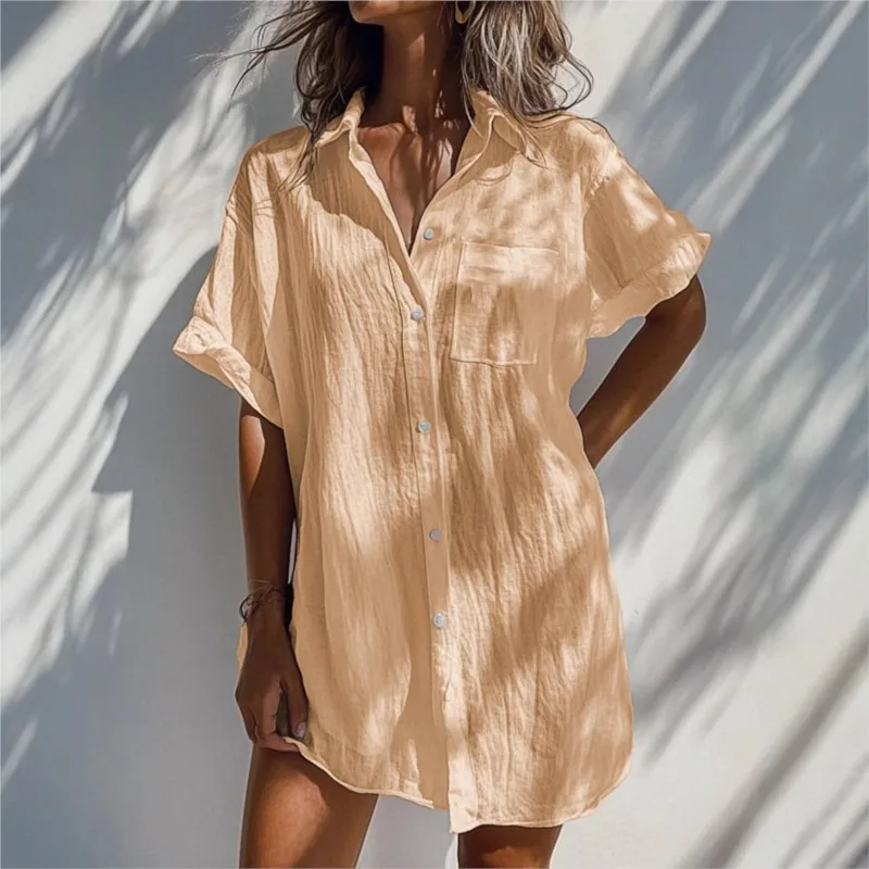 

Lapel Short-sleeved Spring Summer Versatile Solid Color Beach Vacation Commuting Shirt Womens Versatile Pocket Long Cardigan Top