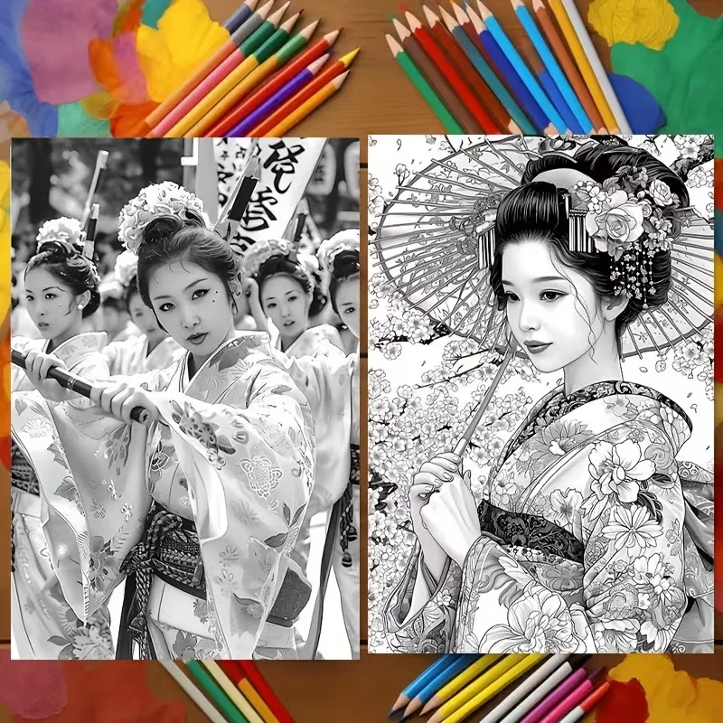 A4 Japanese Adult Coloring Book 24 Pages Zen Nature Illustrations Relaxing Art Therapy Mindfulness Gift