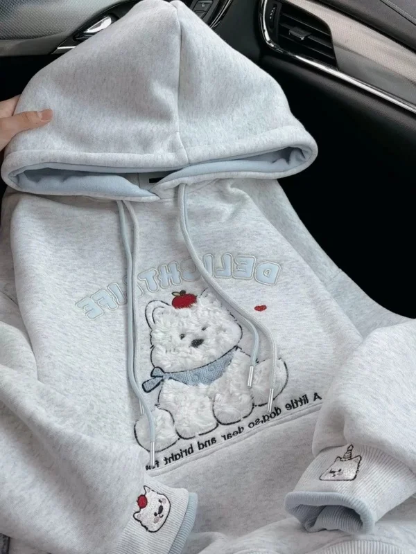 Cute Embroidered Dog Hoodie Sweatshirt Fleece Lined Color Block Design Women's Autumn Winter Fashion Casual Comfortable Top