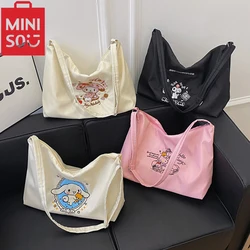 MINISO Cartoon Embroidery Nylon Shoulder Bag for Women Kuromi Cute Large Capacity Tote Bag Fashion Casual Female Handbag