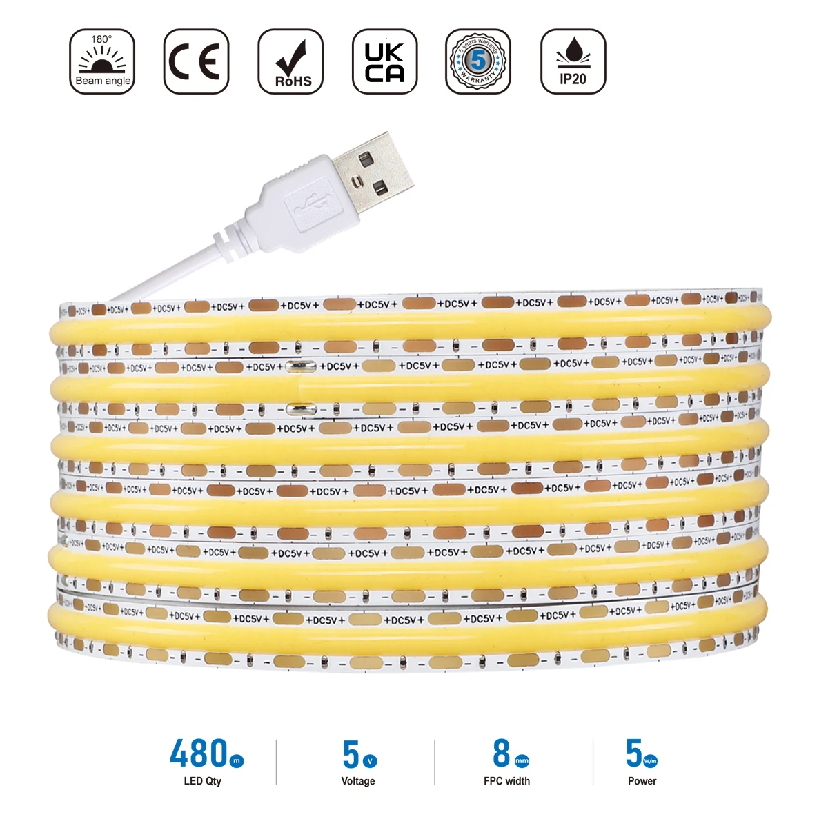 

5V USB COB LED Tape Light Strip White 6000K 4000K 3000K 8mm Width 480LEDs/M Flexible High Brightness DIY Decoration Lighting