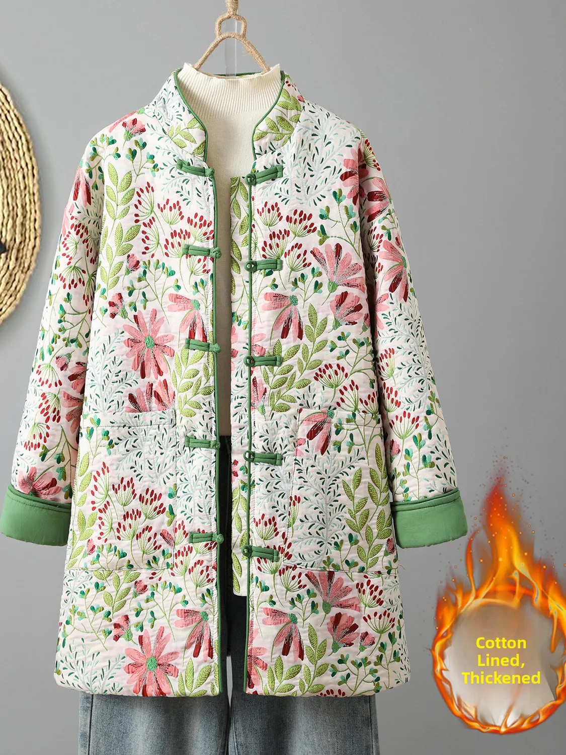 

New Chinese Sle Heavy Embroidery Cotton Jaet Women Winter Mid-Length Stand Collar Tfeta Cotton Coat Outerwear