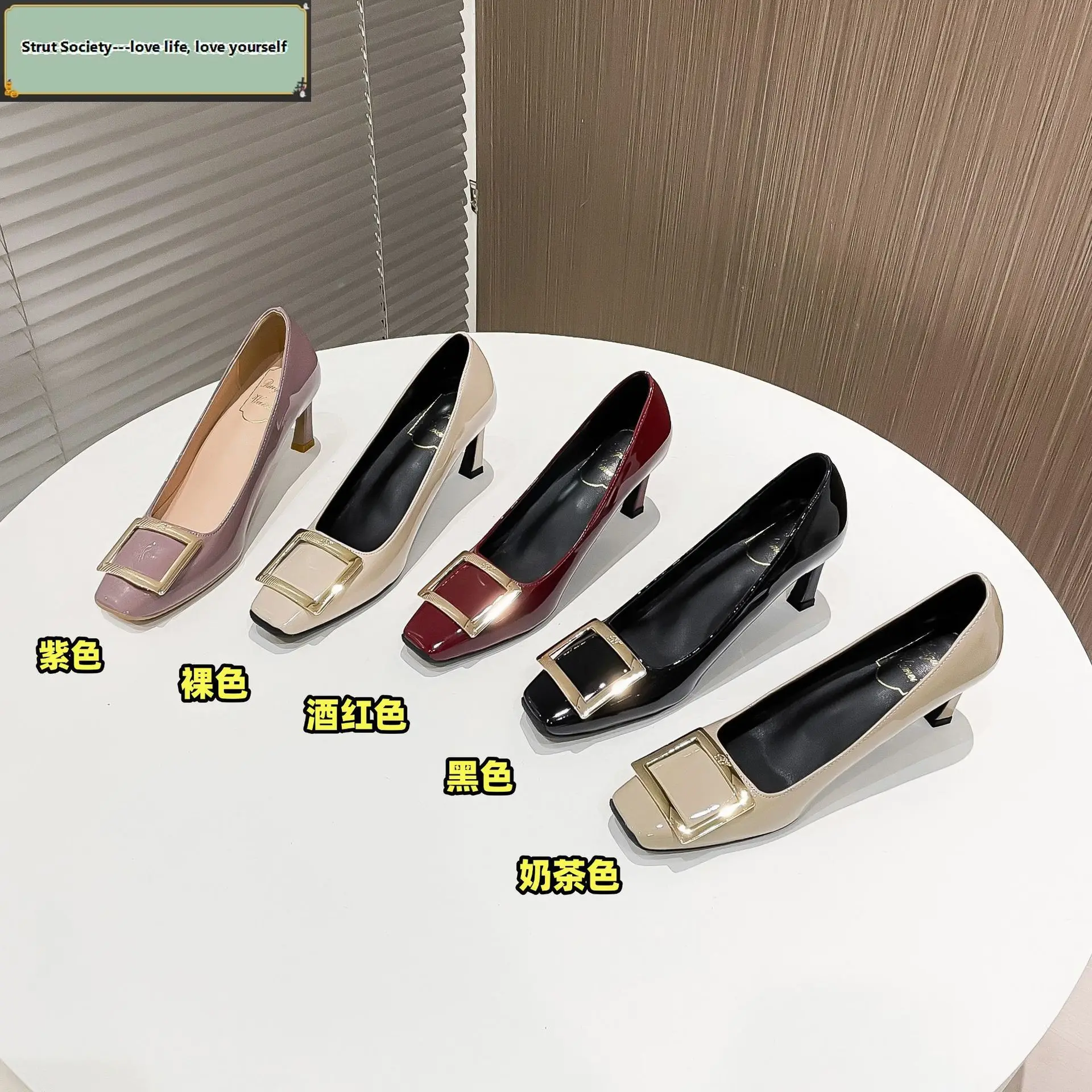 

Women Pumps Fashion Square Heel Sexy High Heels Wedding Shoes Ladies Round Toe Metal Buckle Party Chunky Shoes