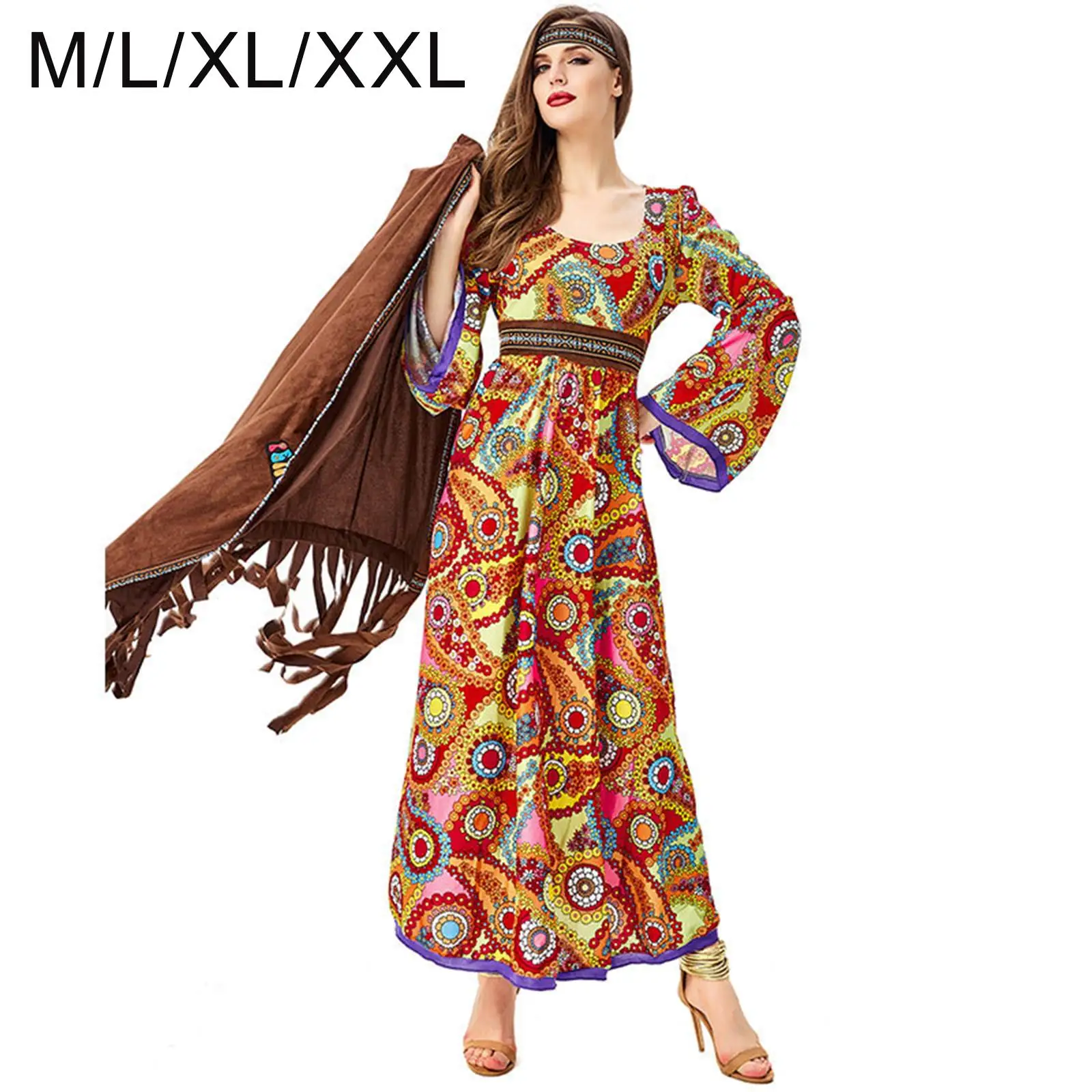 Women Hippie Costume Girls Hippie Costume Set Dress Vest with Tassel Halloween Disco Costumes for Holiday Disco Party Halloween