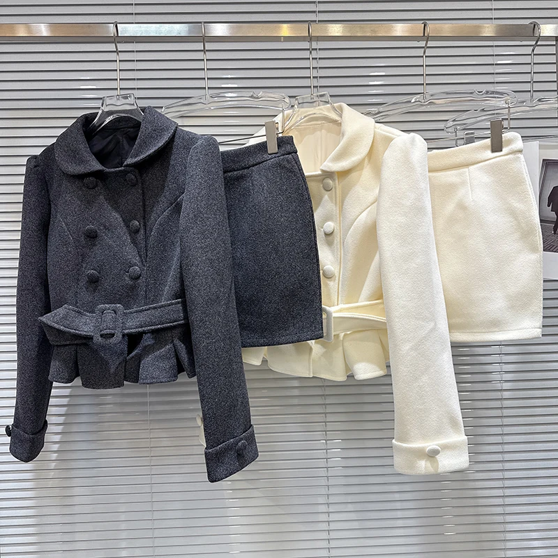 

Женский элегантный однотонный комплект из двух предметов, осень 2023, новое двубортное короткое пальто с шерстяным поясом + короткая юбка трапециевидной формы