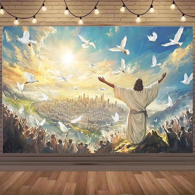 jesus christ tapestry ascension scene with doves and crowd religious art wall hanging for church prayer room spiritual homedecor