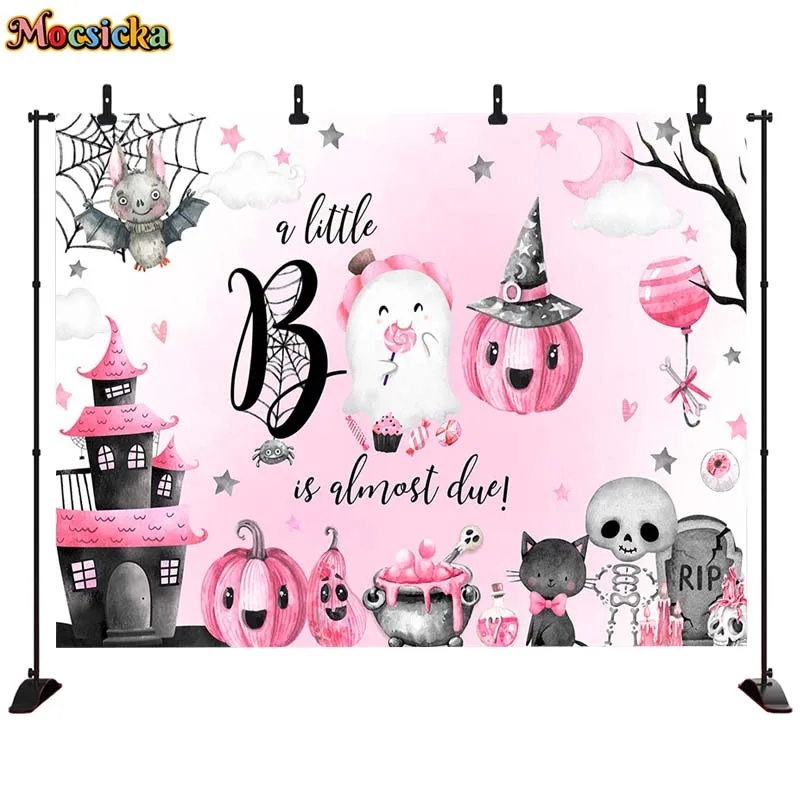 Mocsicka ฉากหลังถ่ายภาพสีน้ำฮาโลวีนสีชมพูน่ารักฉากหลังเด็กผู้หญิงฮาโลวีนสีชมพู