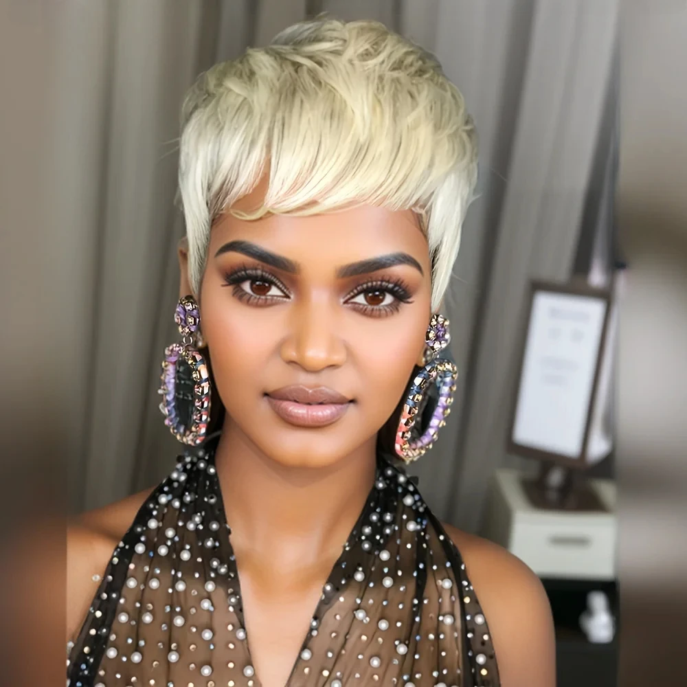 613 Blonde Color Straight Human Hair Wig for Women Pixie Cut Wig Full Machine Made Wig 150% Density 6Inch