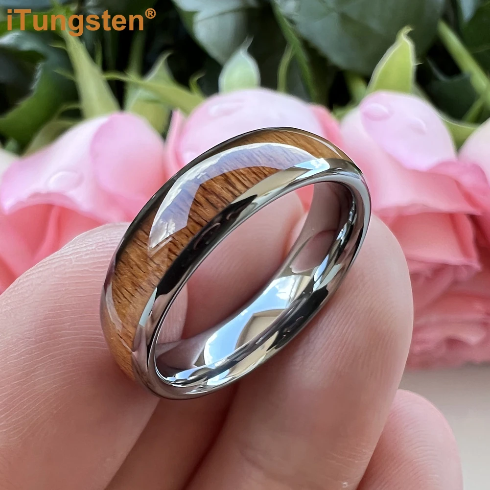 iTungsten 4mm 6mm 8mm Tungsten Ring for Men Women Wedding Engagement Band Trendy Jewelry Koa Wood Inlay Dome Comfort Fit