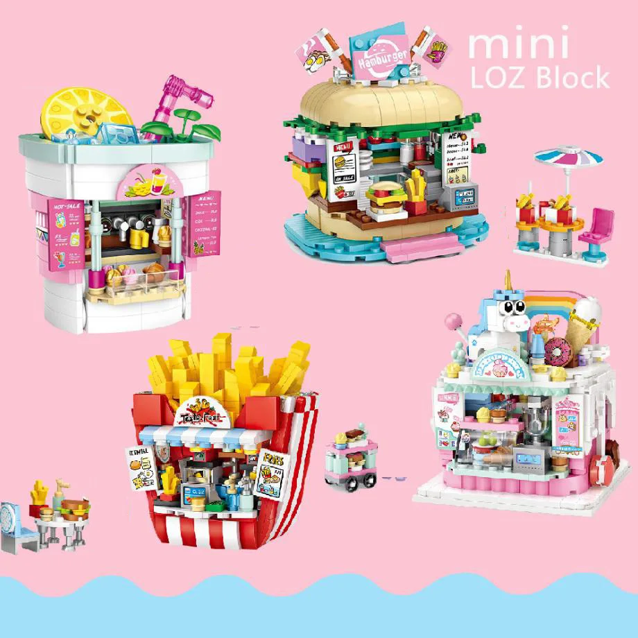 Idea Theme Store City Street View Mini Block Pastry Cold Drinking Hamburg French Fries Shop Park Figures Building Brick Toy