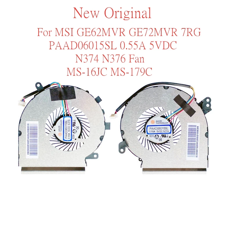 

New Original Laptop CPU GPU Cooling Fan For MSI GE62MVR GE72MVR 7RG PAAD06015SL 0.55A 5VDC N374 N376 Fan MS-16JC MS-179C