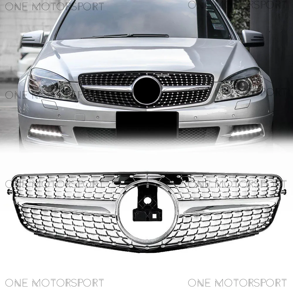 

Chrome Silver Upper Grille For Mercedes Benz C-Class W204 2008-14 C180 C200 C300 C350 Diamonds Style Front Bumper Racing Grille