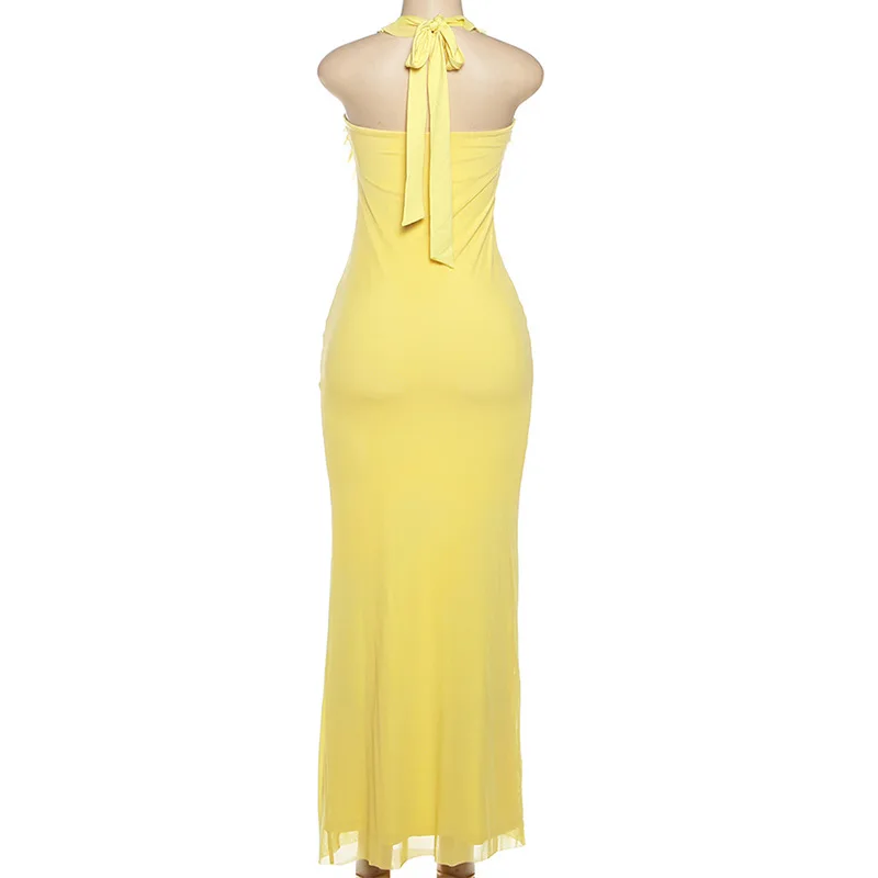 Sólido babados malha em camadas rendas até halter sem costas bodycon maxi vestido de festa feminino sexy decote em v sem mangas férias longo robe