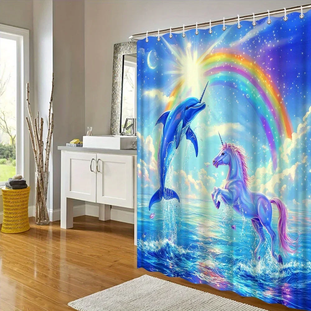 ستارة دش مخلوقات سحرية - يونيكورن ودولفين، رينبو دريم لاند، نمط ألوان مائية، بوليستر مقاوم للماء
