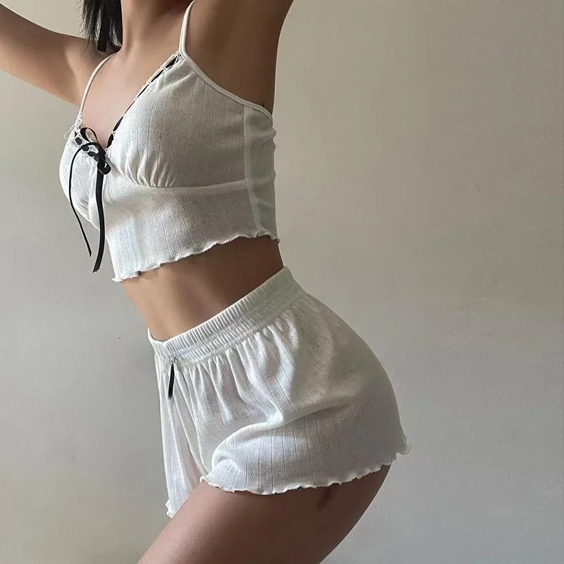 New  Knot Tank Top And orts Set Home Clothes Cotton V-ne ort Pants Home Leisure Suit Youth Size Comfortable Fit