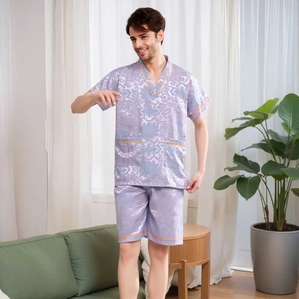 

Soft V-Neck Sweat Steamed Clothings Floral Striped Short Sleeve Pajamas Homewear Loose Sauna Specific Clothing Female Male