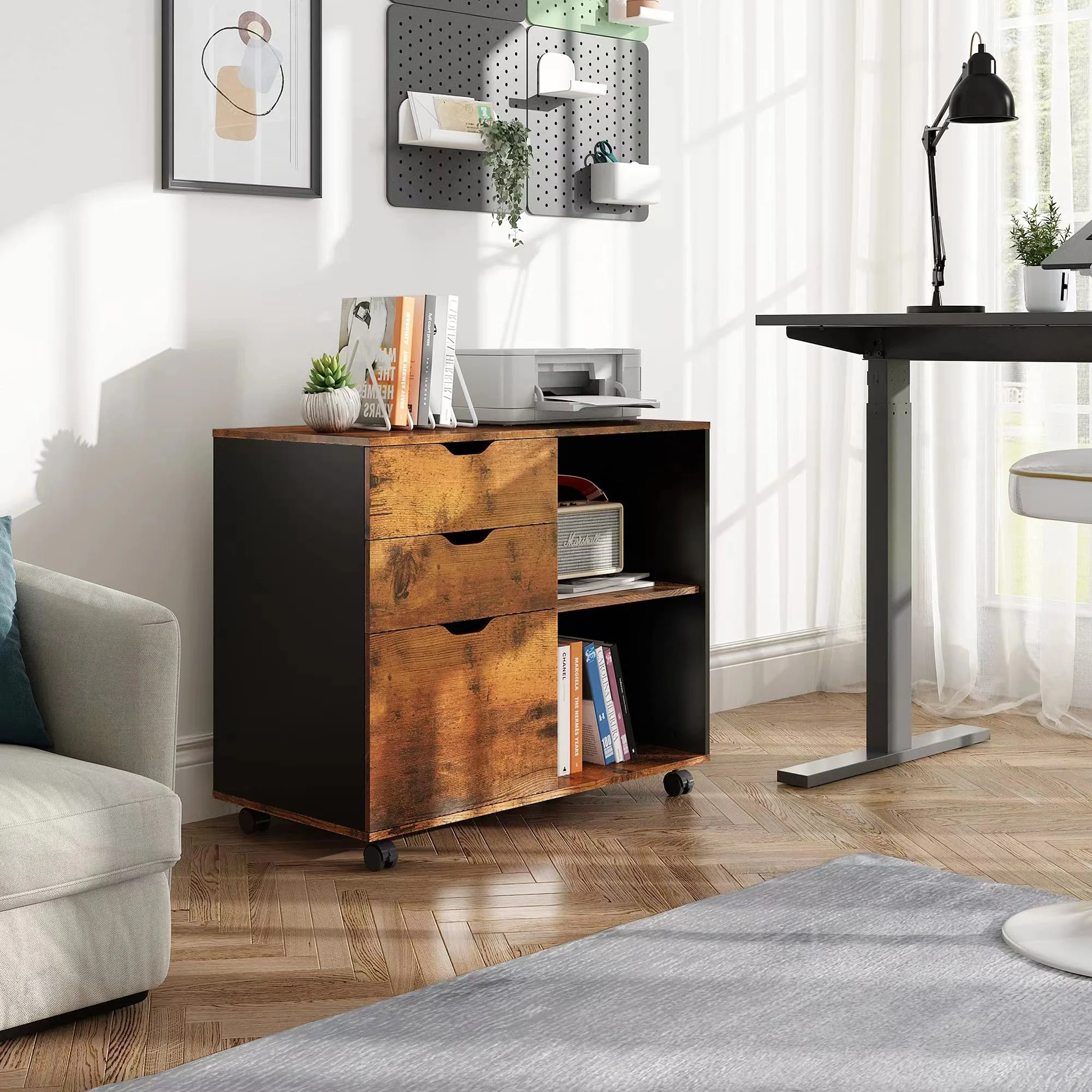 

Double-Tier Standing Type Wooden Bookcase with Storage Shelf and Two Drawers for Fall Season Living Room Pot Storage