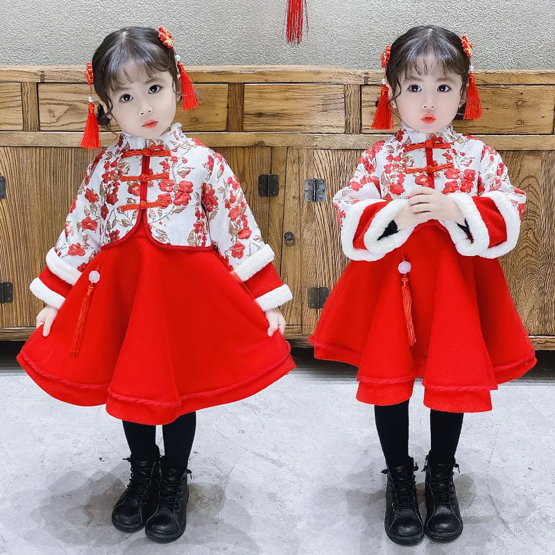 

Новая зимняя одежда Hanfu Qipao в китайском стиле для девочки с вышивкой, Новогоднее поздравление, плотная теплая одежда, Детский костюм для ролевых игр, прекрасное платье