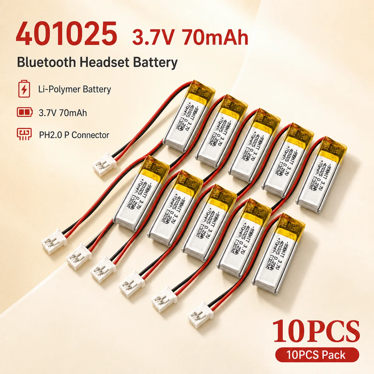 10PCS 3.7V 70mAh LiPo Battery 401025 401225 Rechargeable Lithium Cell for Bluetooth Headset Small Fan Pen