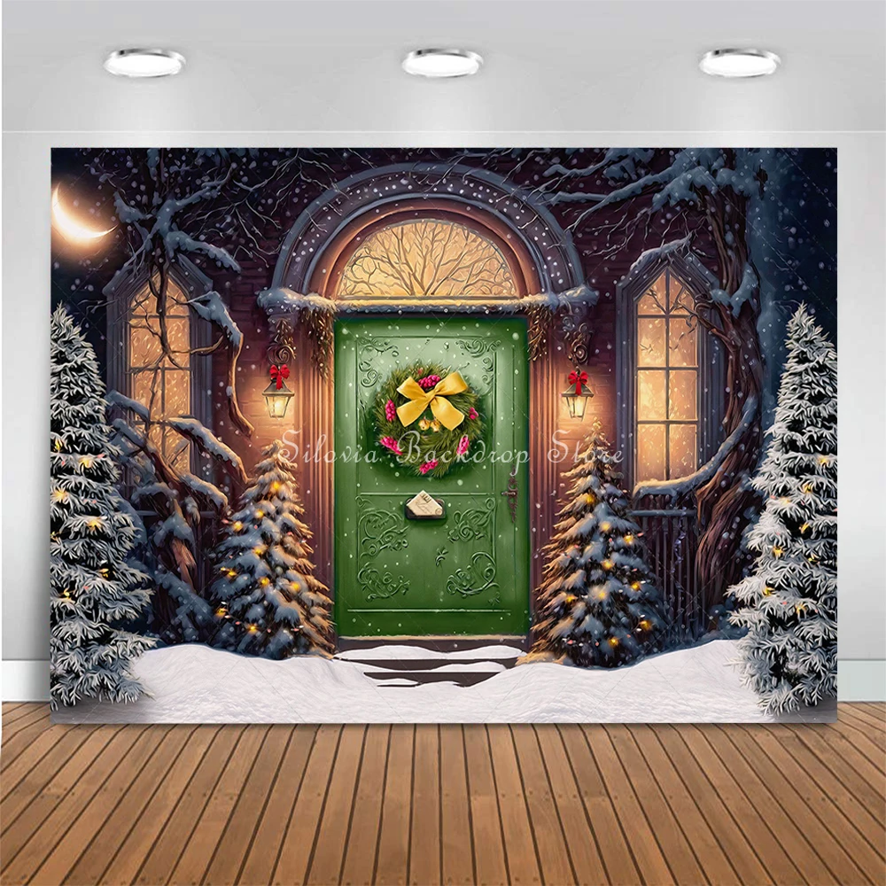 Christmas House Photo Background Winter Snow Photography Red and Green Porch Backdrop Kids Family Portrait Photo Studio Props