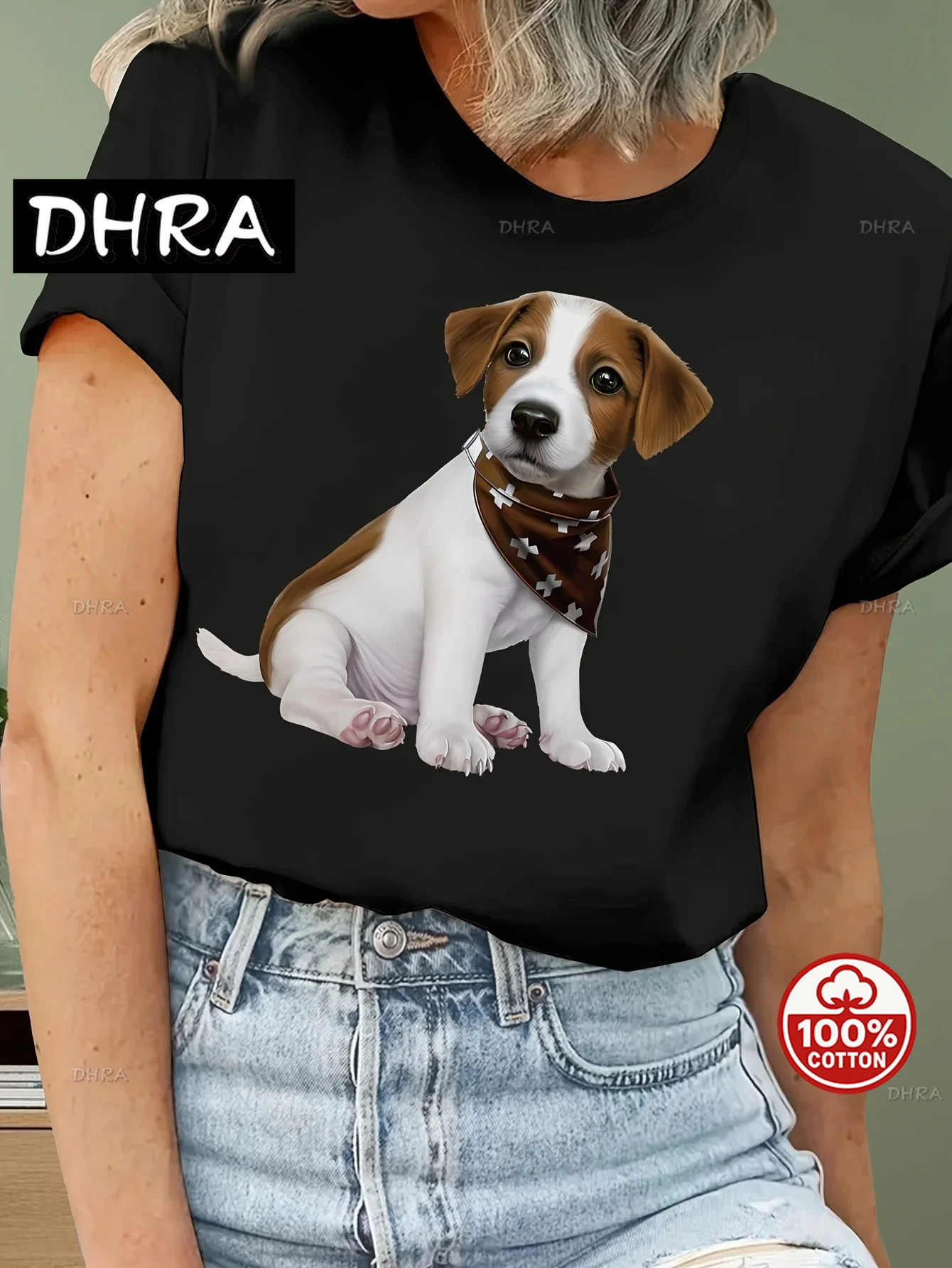 

Женская повседневная футболка с коротким рукавом - милый щенок с принтом, черный круглый вырез, весенне-летние топы, повседневная одежда, футболка, горячая распродажа, одежда Y2K