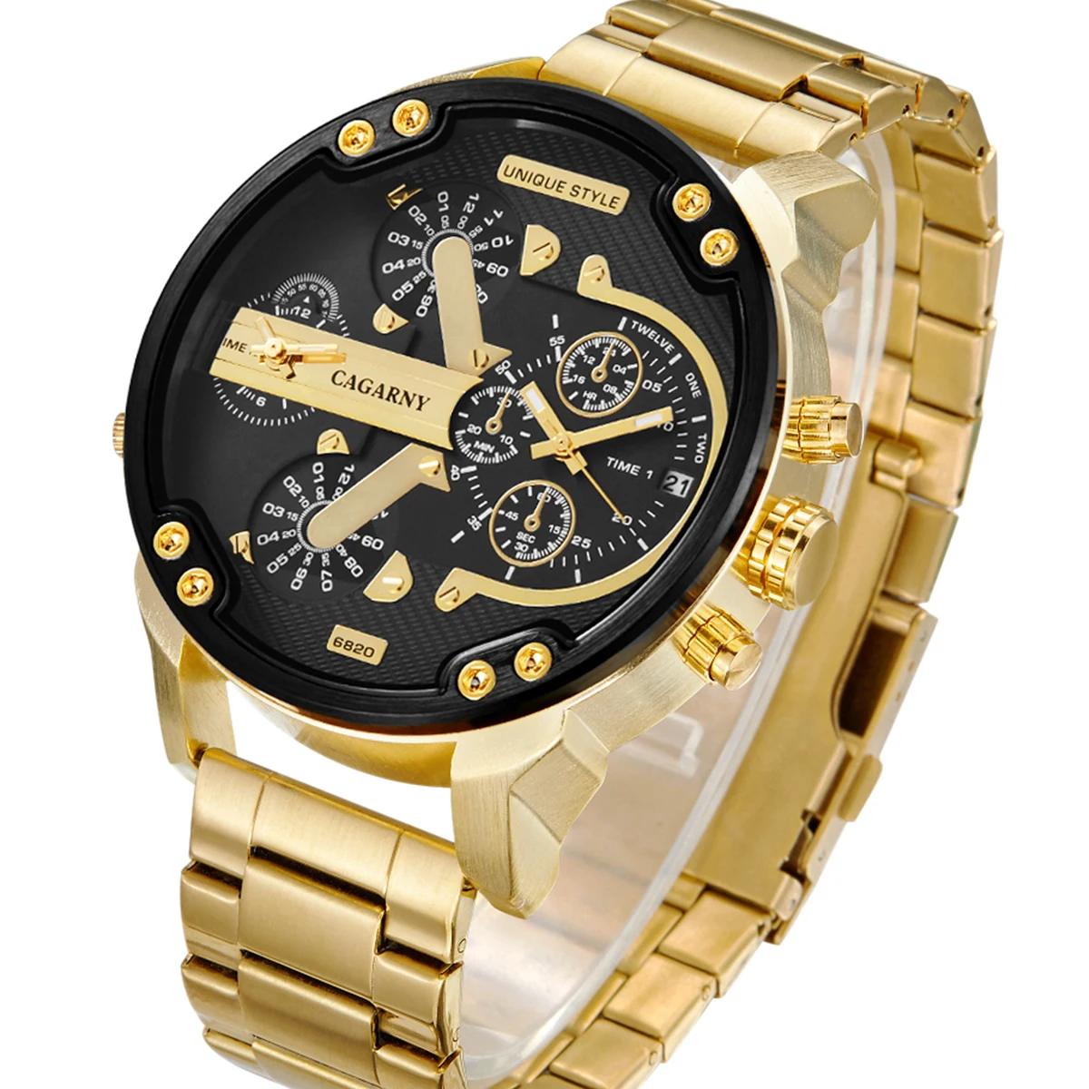 CAGARNY Brand 6820 Man\'s Large dial Casual Fashion Quartz Wrist watch Waterproof dual time zone Stainless Steel Watches for Men