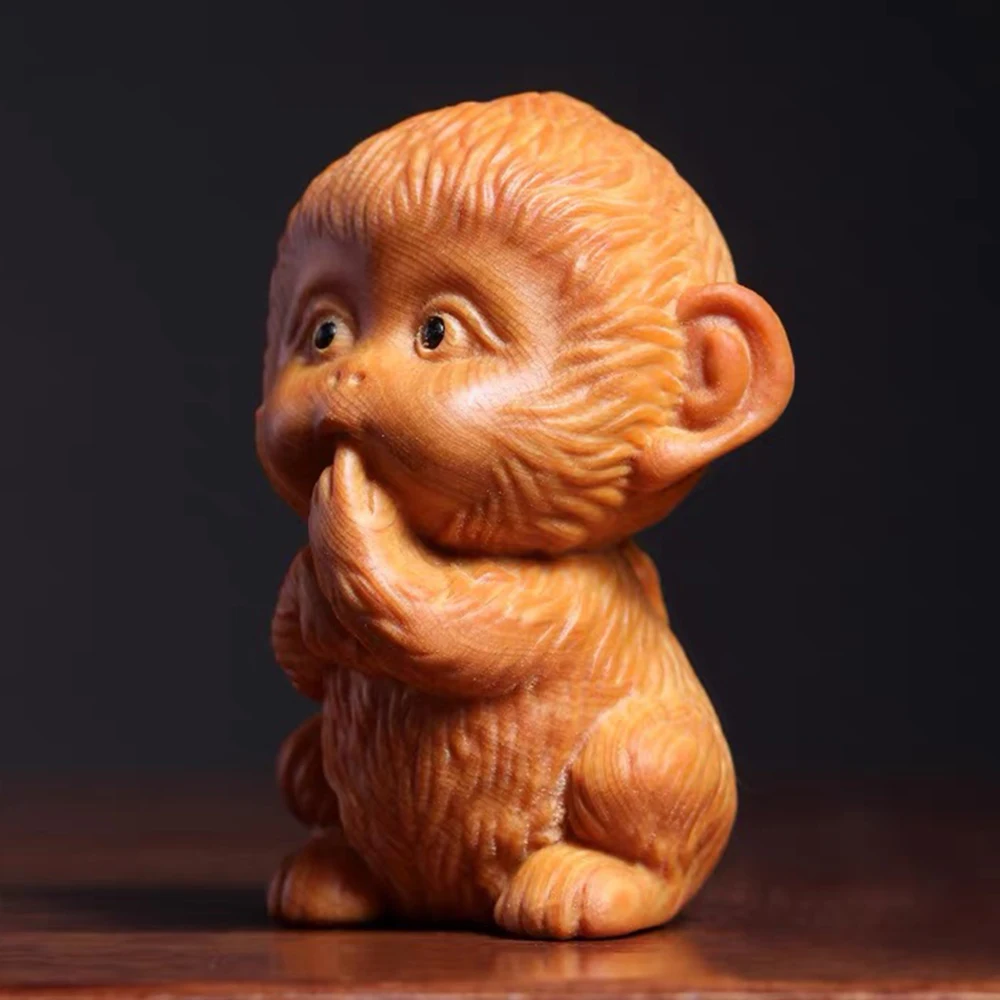 JW02- 6 X 4.8CM NO Speaking Monkey Thuja Wood Sculpture Animal Figurine Statue Birthday Gift Wooden Carving Decoration