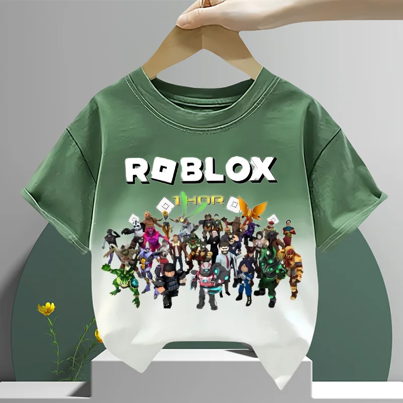 صيف جديد نمط ROBLOX الرجال والنساء في منتصف العمر الأطفال التدرج قصيرة الأكمام القطن الخالص تي شيرت الجولة الرقبة فضفاضة