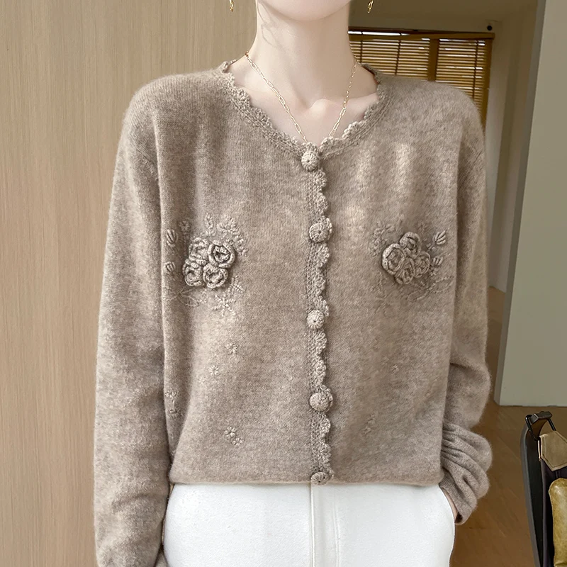 Autumn and winter new women\'s cardigan 100% pure wool solid color O-neck loose cashmere fashion heavy craft knitted coat