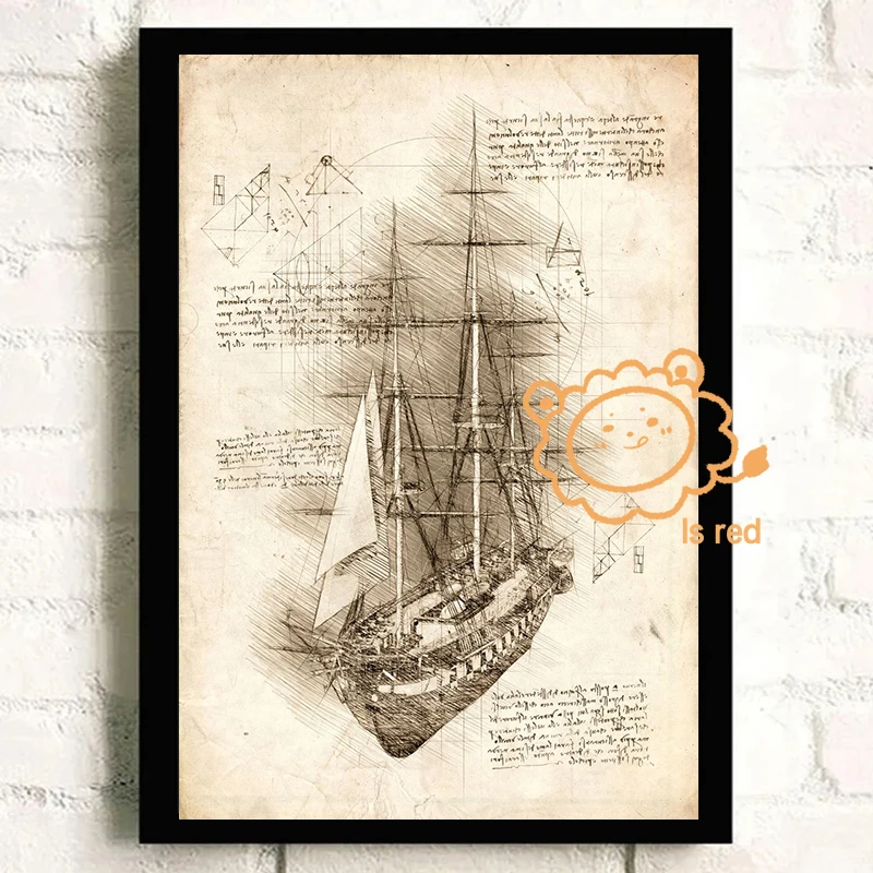 Da Vinci Inspired Sketches Poster Tyrannosaurus Rex Skull Old Sailing Ship Barque Canvas printing Wall Art decoration painting