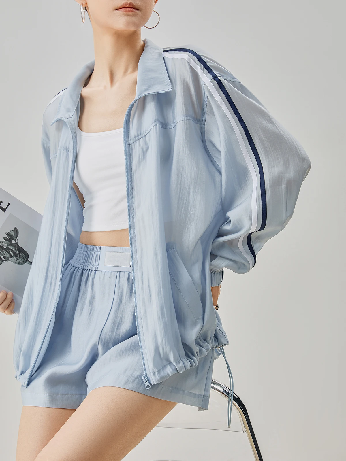 

Шикарный синий комплект спортивной одежды с защитой от солнца, женский свободный крой, повседневный костюм на молнии Ne из двух предметов на раннюю осень