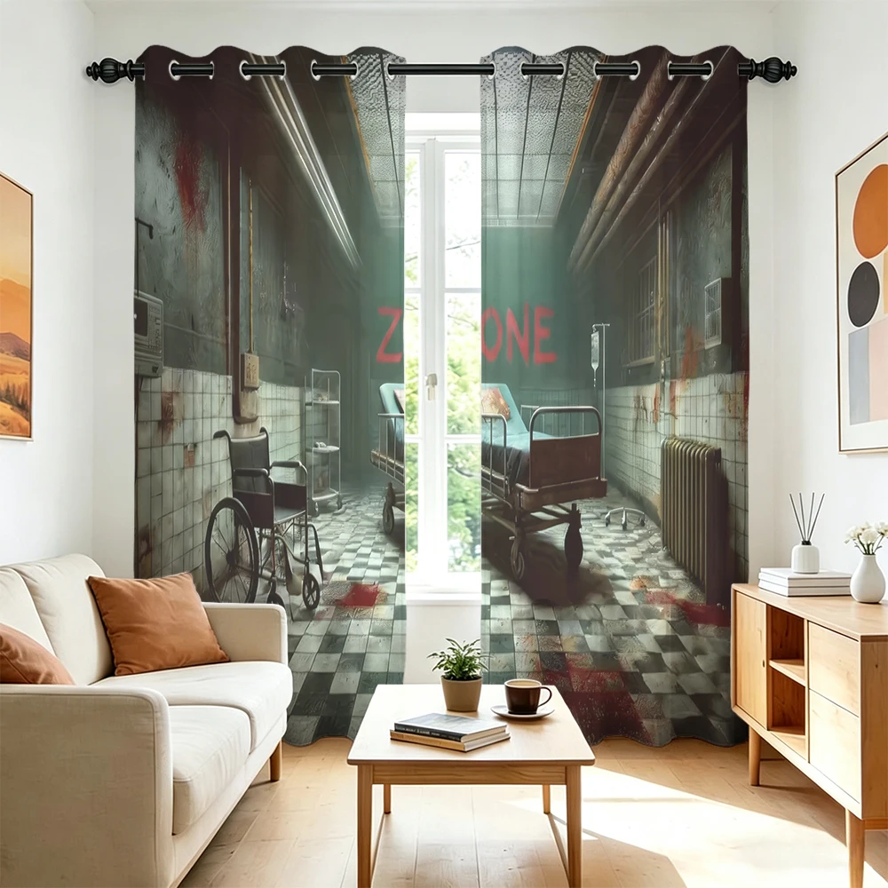 2pcs Abandoned Horror Hospital Zone Scene Double Sided Grommet Curtains Blackout Privacy Curtain For Bedroom Living Room Hall