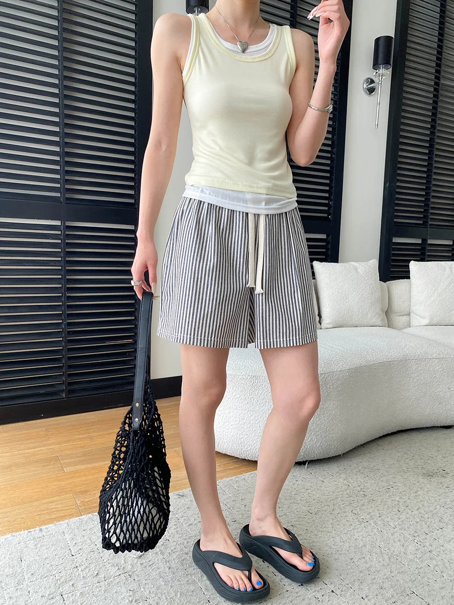 Sommerliches, lässiges, einfarbiges, kontrastfarbenes, zweiteiliges Tanktop mit Rundhalsausschnitt und schmaler Passform für Damen – Detail 23