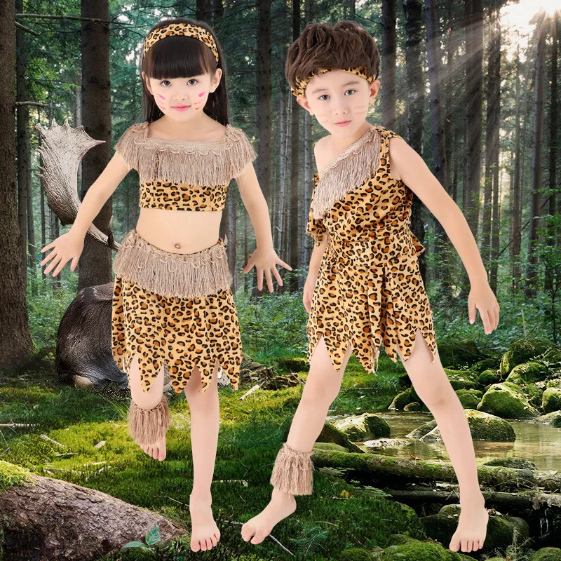 Halloween criança adulto selvagem cosplay trajes leopardo indiano menino menina vestido escola palco desempenho adereços roupas caçador