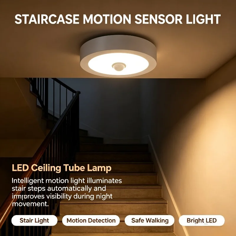 White Motion Sensor Ceiling Light, Round LED Auto On Off Lamp for Entrance Hallway Stairs Balcony Corridor Lighting Display
