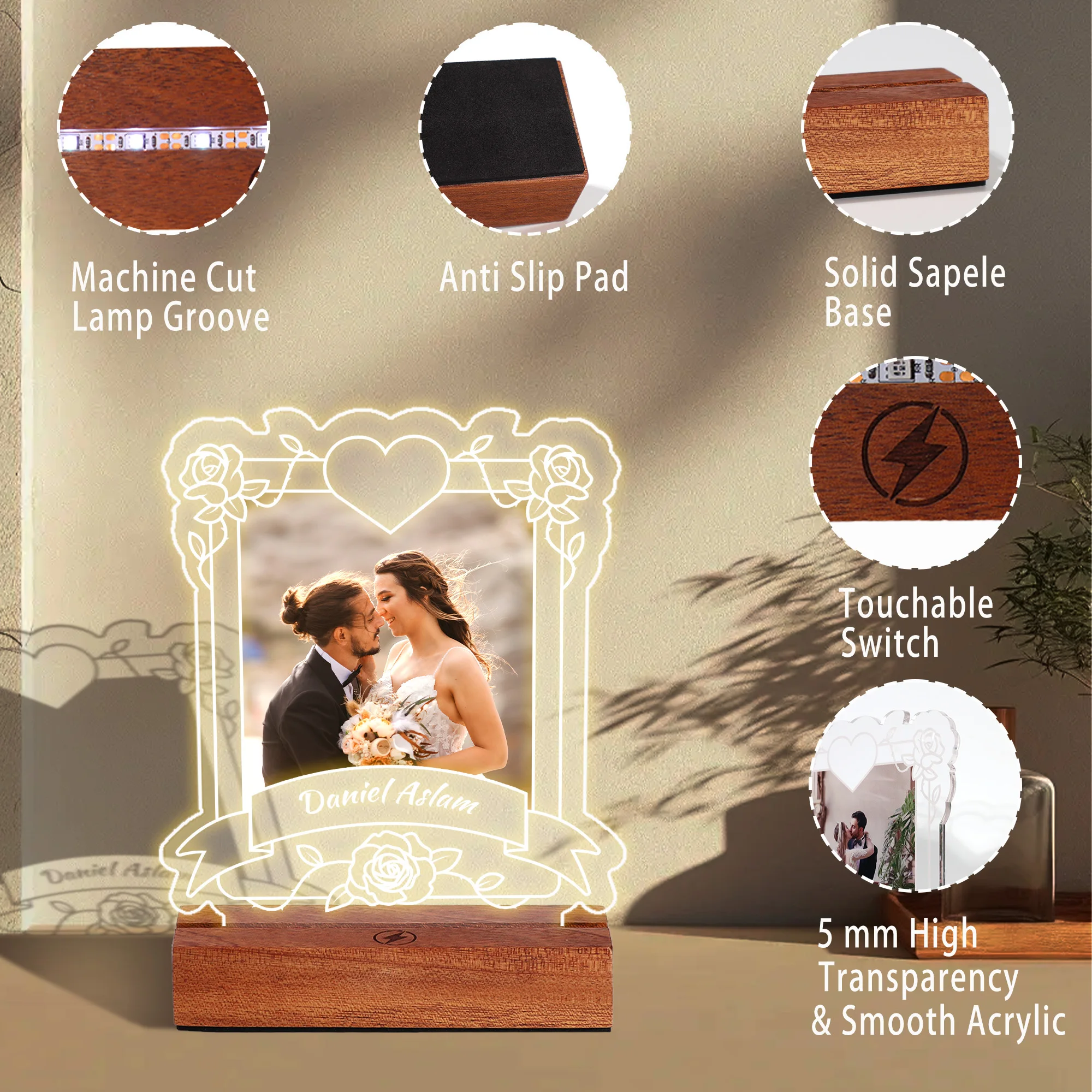 Personalized Acrylic Plaque Gifts for Anniversary,  Heart -shaped Custom Acrylic Picture Frames Gifts with Night Light for lover