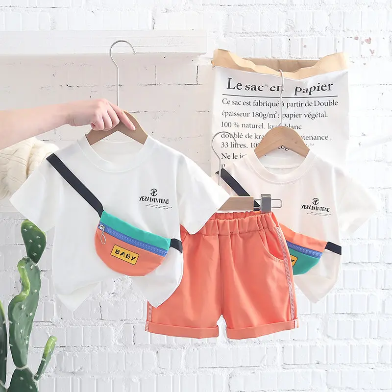 

2022 Children Cotton Baby Boys Girl Clothes Summer With Bag Sport T-shirt Shorts 2Pcs/sets Infant Outfit Kids Toddler Tracksuits