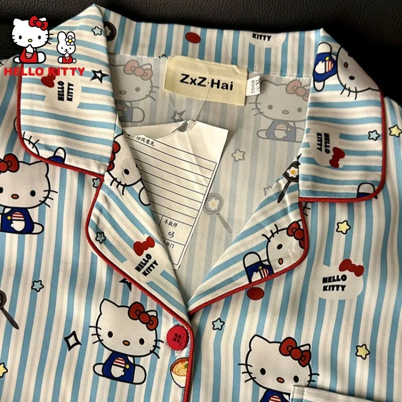 Hello Kitty Blue Striped Pajamas Set Instant Noodles Food Cartoon Printing Cute Girl Long-sleeved Trousers Loungewear Home Dress