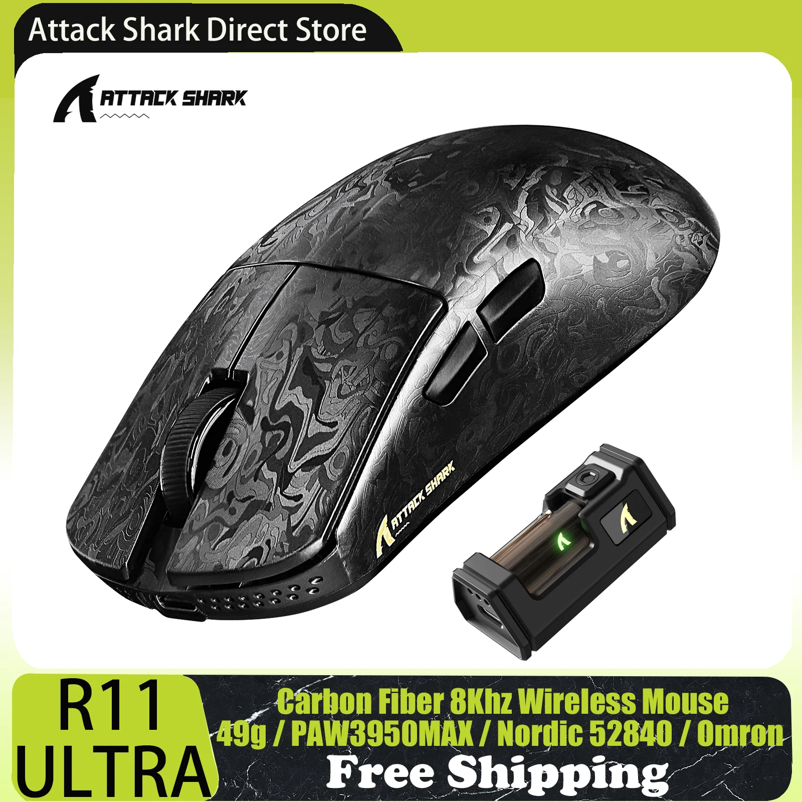 ATTACK SHARK R11 ULTRA Kabellose Gaming-Maus aus Kohlefaser, 8000Hz, PAW3950MAX, 42000DPI, 49g Leichtgewicht, 20000FPS, Nordic 52840